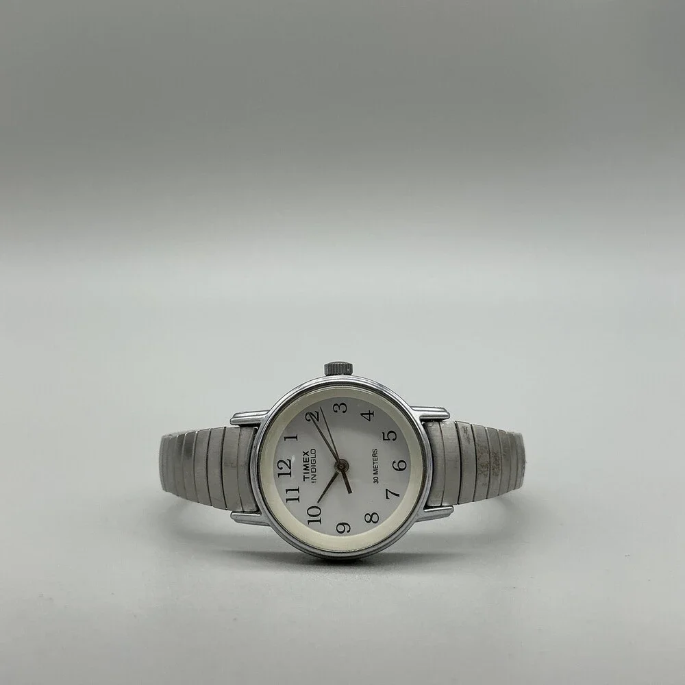 Timex Indiglo Womens Watch 23mm White Dial Silver Tone Stretch Band New Battery